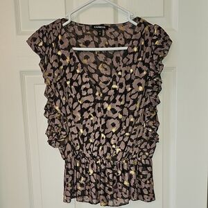 Express Animal Print Ruffle Blouse - Black and Gold